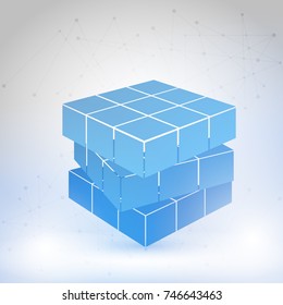 Cubic constructed of many blocks. Isometric cubes for 3d designing. Mathematical object with mental trick. Optical illusion of brain. Symbol with three dimensional effect.