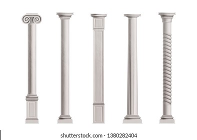 Cubic and cylindrical columns of white marble stone with smooth and textured surface 3d realistic vector illustrations set isolated on white background. Antique or classic architecture design elements