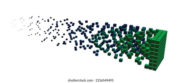 Cubic data block dissolving into small cubes. Technology concept. Voxel art. 3d Vector illustration.  