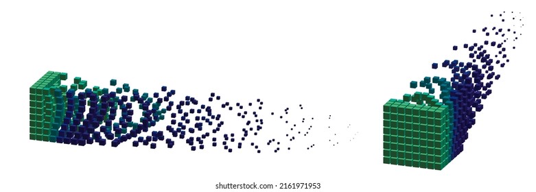 Cubic data block dissolving into small cubes. Big Data concept. Voxel art. 3d Vector illustration.  
Dimetric projection.