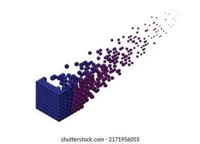 Cubic data block dissolving into small cubes. Blockchain concept. Voxel art. 3d Vector illustration.  
 Isometric projection.