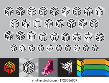 Cubic font. Block alphabet. cube monograms. Geometric isometric info-graphic vector . 3d isometric box suitable for engraving and embroidery.