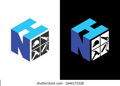  Cubic font N H with home renovation logo sign symbol