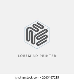 Cubic frame with 3D printing model inside. 3d print icon with abstract curly line.