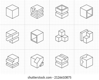 Cubic geometric alphabet set. Vector isometric logos.