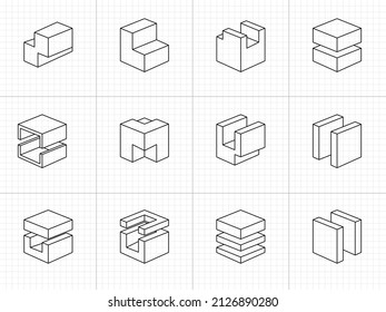 Cubic geometric alphabet set. Vector isometric logos.