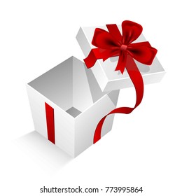 Caja de regalo cúbica con cinta roja de seda y gran arco aislado dibujos animados de ilustración plana vectorial sobre fondo blanco.