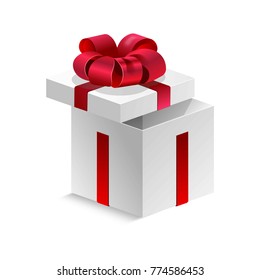 Cubic gift box with silk red ribbon and big bow isolated cartoon flat vector illustration on white background.