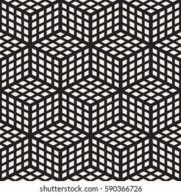 Cubic Grid Tiling Endless Stylish Texture. Abstract Geometric Background Design. Vector Seamless Black and White Pattern.