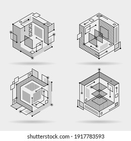 Cubic isometric abstract lines elements technical 3D background vector design illustration