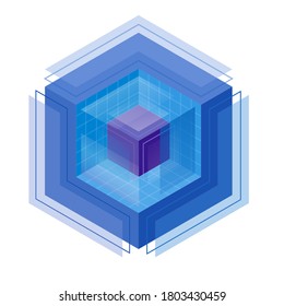 Cubic isometric logo. Magic crystal of wisdom of management. Three-dimensional colorful cube in the structure of space and time universe. Symbol of transparency intentions and correct proportions.