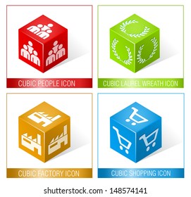 CUBIC PEOPLE, LAUREL WREATH, FACTORY AND SHOPPING ICONS 3 / Set of three dimensional icons. 