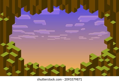 Kubischer Pixelspielehintergrund, Vektorrahmen aus Steinblöcken und violetter bewölkter Himmel. Acht-Bit-Gaming-Schnittstelle, Retrogrenze oder Hintergrund mit Felsen und Himmelsblick aus Höhle, 2d-Game-Technologie