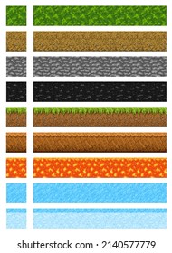 Cubic pixel game level surfaces of water, ice and ground, stone and grass, 8 bit vector. Sand, lava magma and coal or granite blocks of 8 bit pixel cubic for arcade game platforms and level background