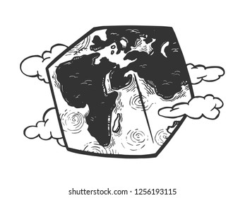 Cubic planet earth engraving vector illustration. Scratch board style imitation. Black and white hand drawn image.