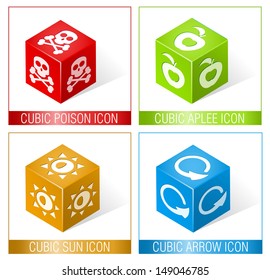 CUBIC POISON, APPLE, SUN AND ARROW ICONS 6 / Set of three dimensional icons. 