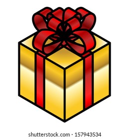 A cubic present wrapped in gold foil and red ribbon. 