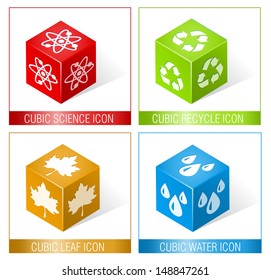 CUBIC SCIENCE, RECYCLE, LEAF AND WATER ICONS 5 / Set of three dimensional icons. 