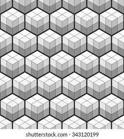 Cubic seamless Pattern. Stained-glass. Geometric background of hexagons. Abstract Black and White Background. Isometric background. Three-dimensional Pattern. Zigzag background.Vector regular Texture.