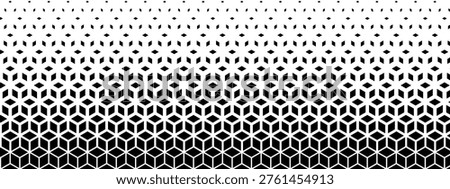 Cubic shapes pattern with gradient effect. Vanishing repeated cubes in isometric projection. Minimalistic abstract geometric print. Wallpaper with faded diamond forms. Vector graphic illustration.