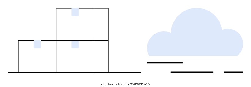 Cubic stacked structures with light blue accents and minimalistic cloud icon. Ideal for technology themes, data storage, cloud computing, architecture concepts, modern art, graphic design projects
