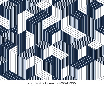 Cubic surreal maze seamless pattern, trippy unreal vector geometric abstract background, impossible construction optic art insane wallpaper.