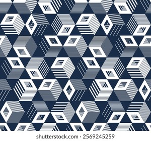 Cubic surreal maze seamless pattern, trippy unreal vector geometric abstract background, impossible construction optic art insane wallpaper.