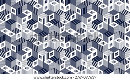 Cubic surreal maze seamless pattern, trippy unreal vector geometric abstract background, impossible construction optic art insane wallpaper.