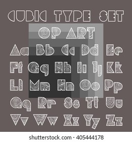 Cubic type vector illustration. Alphabetical order. Op-art design. Shades of grey background. Geometric letters - easy squire and circle shapes. Linear graphic.