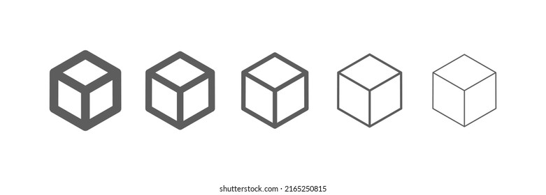 Kubische Vektorsymbole. Cube-Symbol auf weißem Hintergrund. Verschiedene schwarze Würfel-Symbole.