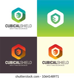 Cubical Shield Logo and Icon. Vector Illustration. Modern logo featuring a cubical shape that it is also a shield in the middle 
and an abstract design of a server that represents data storage.