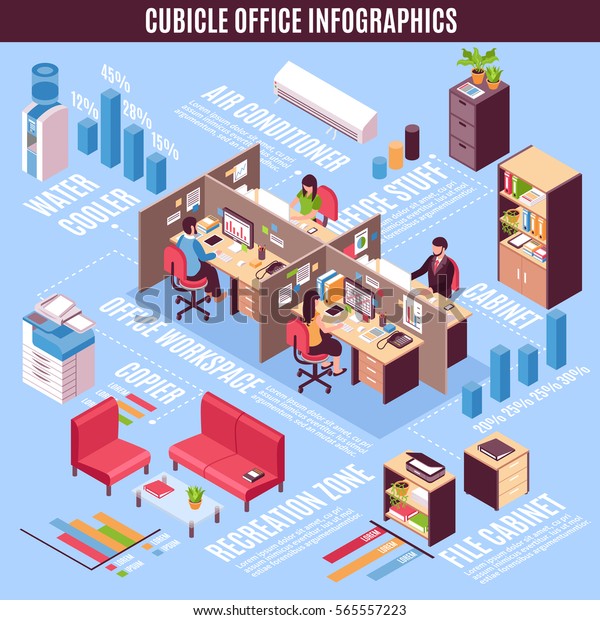 水冷機とオフィスインフォグラフィックス等角図レイアウト コピー機のレクリエーションゾーン 職場のキャビネットベクターイラスト のベクター画像素材 ロイヤリティフリー