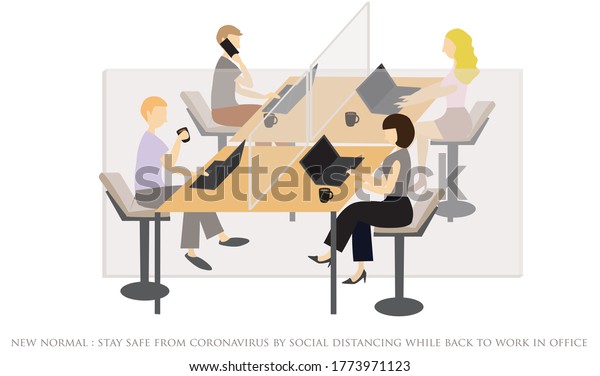 Cubicle office space.People work in the office\
during coronavirus outbreak by social distancing in office space\
that has clear partition.Stay safe from Covid-19 but do what have\
to do in life.