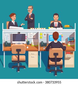 Cubicle office work space with employees at the desks. Flat style modern vector illustration.