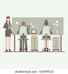 Cubicle office work space with employees at the desks. Flat style modern vector illustration.