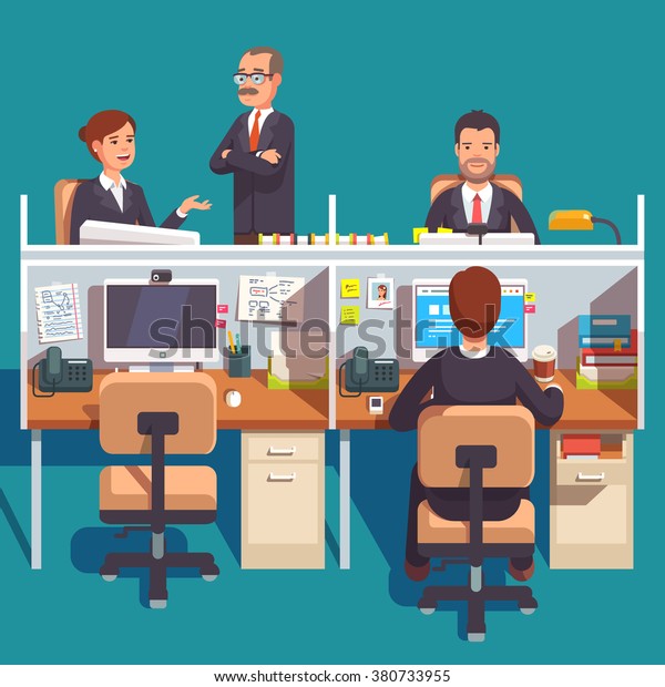 Cubicle office work space with\
employees at the desks. Flat style modern vector\
illustration.