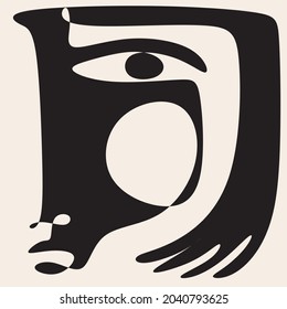 Cubism abstract face, line drawing, trendy portrait, fashion cute minimal design. Contemporary monohrome artwork