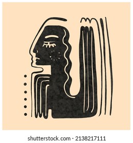 Cubismo rostro abstracto, dibujo de líneas, retrato de moda, diseño minimalista de moda. Obra de arte monocromática contemporánea. Afiche de Boho. 
