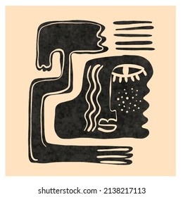 Cubismo rostro abstracto, dibujo de líneas, retrato de moda, diseño minimalista de moda. Obra de arte monocromática contemporánea. Afiche de Boho. 