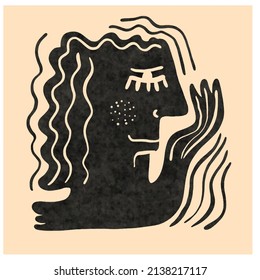 Cubism abstract face, line drawing, trendy portrait, fashion cute minimal design. Contemporary monohrome artwork. Boho poster. 