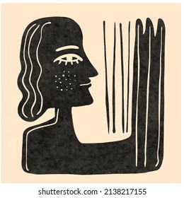 Cubism abstract face, line drawing, trendy portrait, fashion cute minimal design. Contemporary monohrome artwork. Boho poster. 