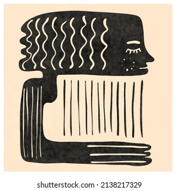Cubismo rostro abstracto, dibujo de líneas, retrato de moda, diseño minimalista de moda. Obra de arte monocromática contemporánea. Afiche de Boho. 