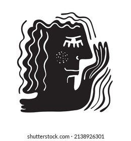 Cubismo rostro abstracto, dibujo de líneas, retrato de moda, diseño minimalista de moda. Obra de arte monocromática contemporánea al estilo boho. Cartel. 