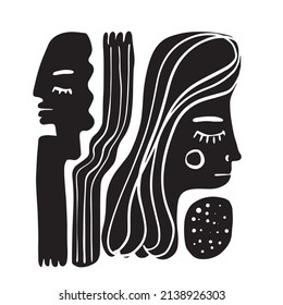 Cubismo rostro abstracto, dibujo de líneas, retrato de moda, diseño minimalista de moda. Obra de arte monocromática contemporánea al estilo boho. Cartel. 