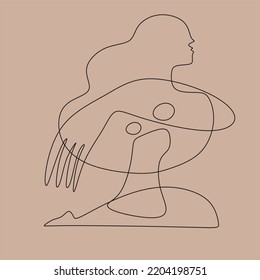 Cubism abstract face, line drawing, trendy portrait, fashion cute minimal design. Contemporary monohrome artwork