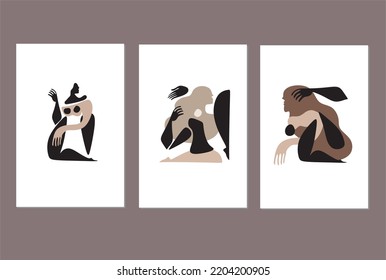 Cubism abstract face, line drawing, trendy portrait, fashion cute minimal design. Contemporary monohrome artwork