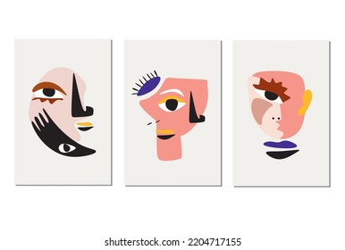 Cubism abstract face, line drawing, trendy portrait, fashion cute minimal design. Contemporary monohrome artwork