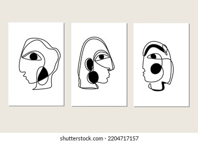 Cubism abstract face, line drawing, trendy portrait, fashion cute minimal design. Contemporary monohrome artwork