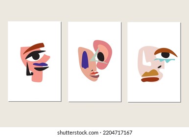 Cubism abstract face, line drawing, trendy portrait, fashion cute minimal design. Contemporary monohrome artwork