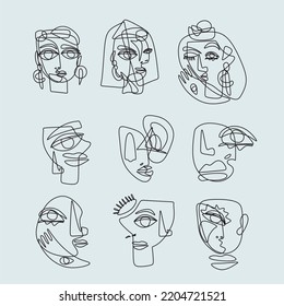 Kubismus abstraktes Gesicht, Linie Zeichnung, trendige Porträt, Mode niedlich minimalistisches Design. Zeitgenössische Monotherapie